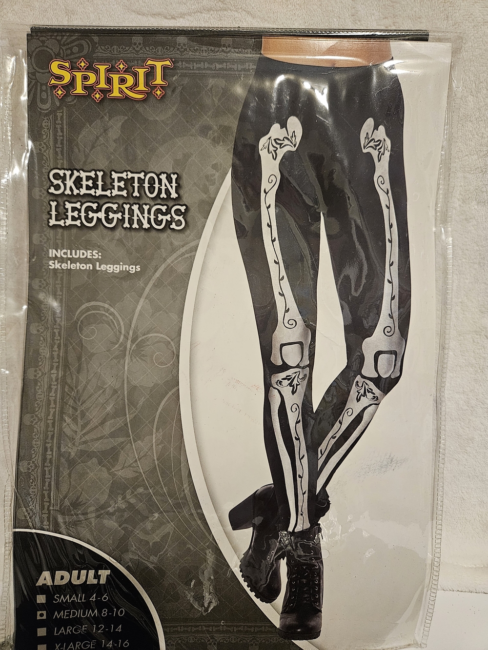 Spirit Halloween Skeleton Print Costume Cosplay Black and Silver Leggings M